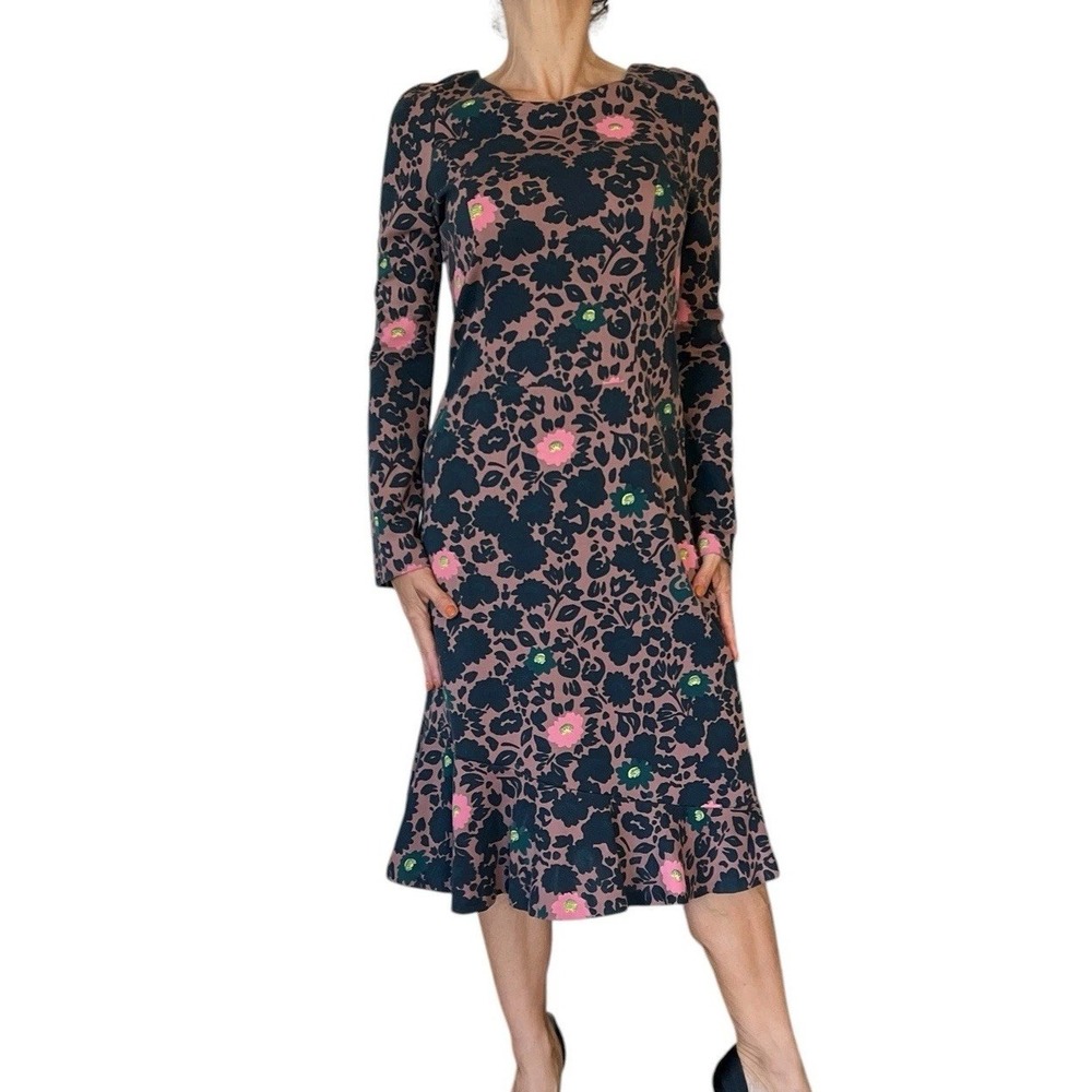 PS PAUL SMITH DRESS BATEAU STRETCH BROWN FLORAL LONG SLEEVE MIDI RUFFLE HEM 42 6